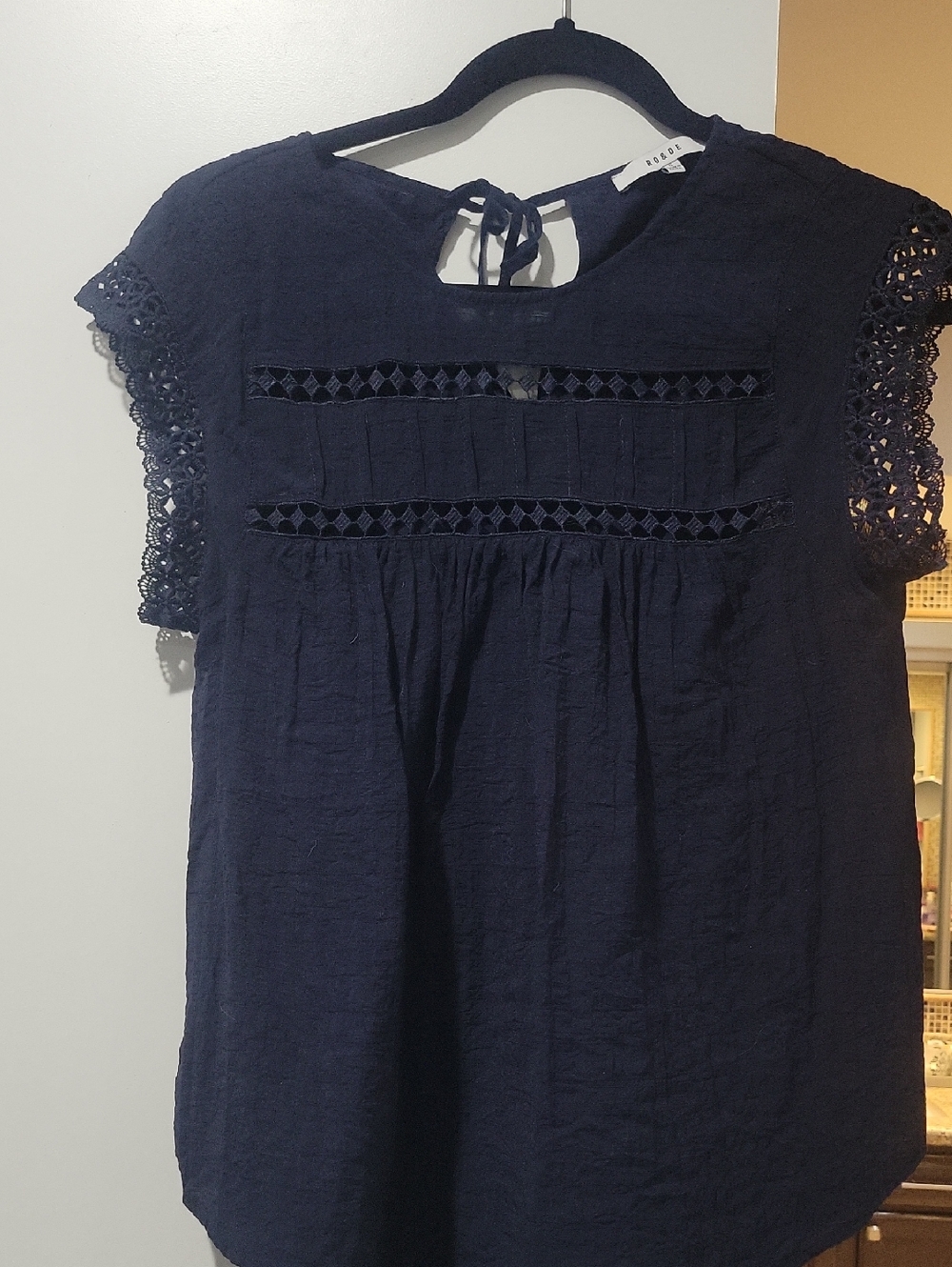Ro & De Navy Blue Crochet Sleeve Cotton Blouse